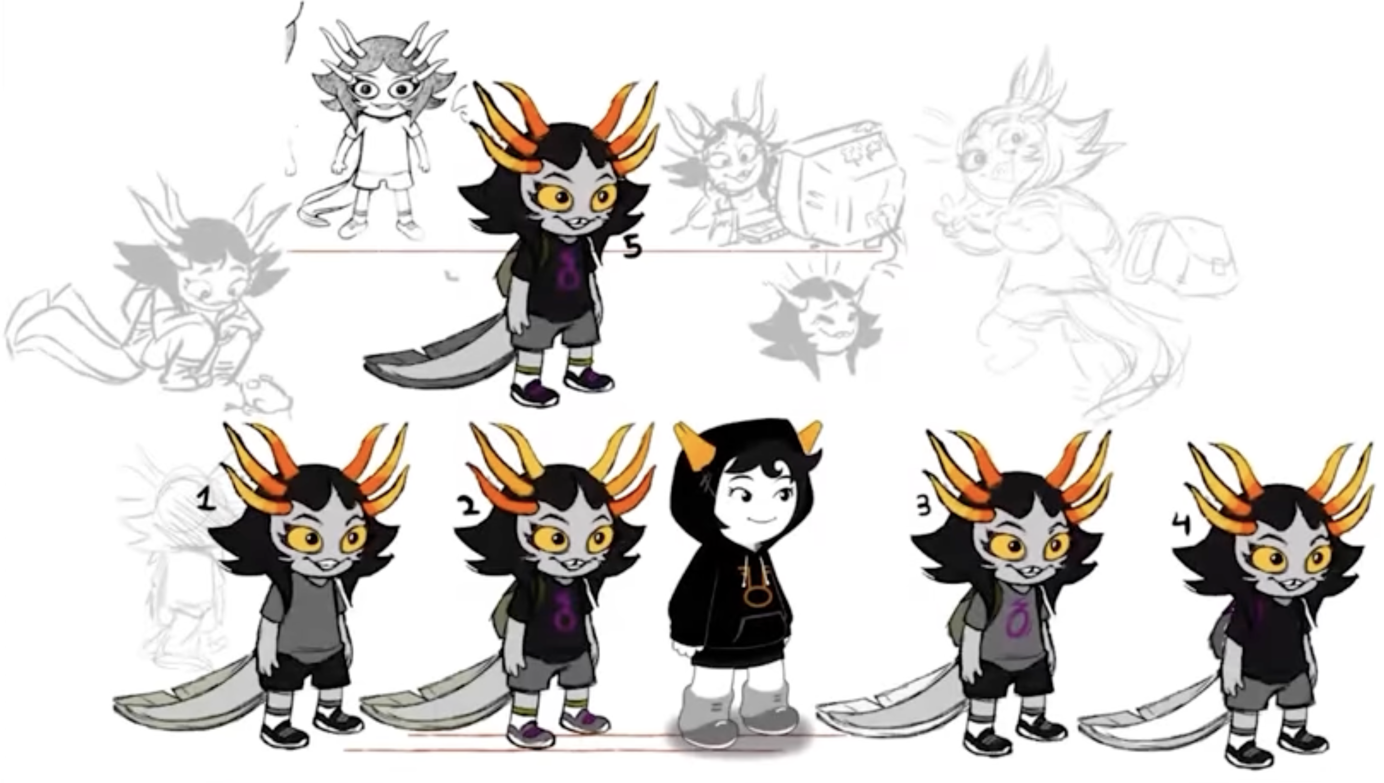 A concept art sheet of Fiamet. The final design is at the top labeled 5. Around it are sketches: A vague version of her design drawn by Hussie, Fiamet squatting and looking at a frog, Fiamet looking happily at a boxy computer, Fiamet turning around to show her backpack. Below that is a row of alternate designs. The first one has a gray t-shirt, black shorts, no backpack, and all the colorful parts of her design are gray. The second one is the same as the final except with gray shoes and gradient horns. Then there is a Joey sprite for scale. The third one has a gray shirt with a weirdly drawn Aquamino sign on it and black shorts. The fourth one has a pure black t-shirt and the backpack has violet straps.